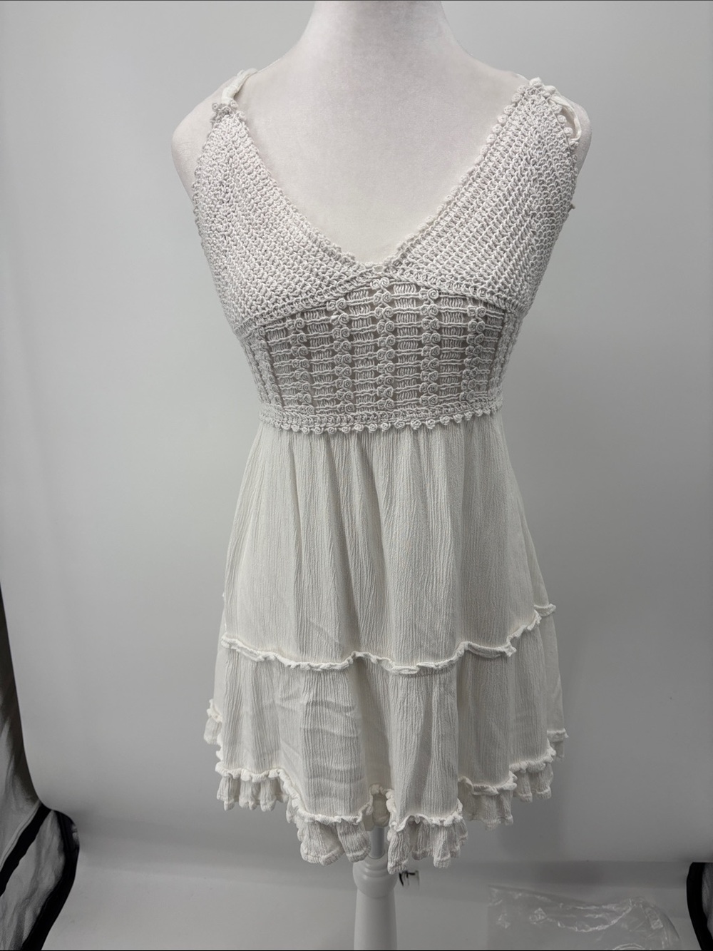 Rue21 Cream Crochet Bodice Tiered Mini Dress with adjustable straps and back